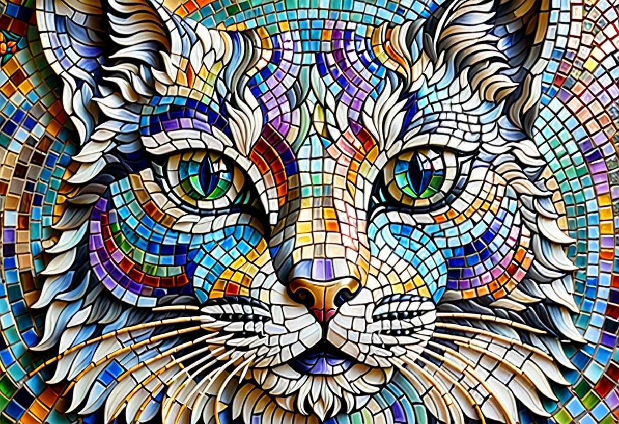 Messy contour lines、Mosaic tile, mural, god of catsのクローズアップ, god of cats, alex grey cat, Great art, Cat masterpiece, 細部まで全てMosaic tileで作成された芸術作品, Cat Details, Visionary art, cat dream cat, Great art, Great art, highly detailed Visionary art, By Eva Švankmajerová, Writer：Lee Miss,modern art