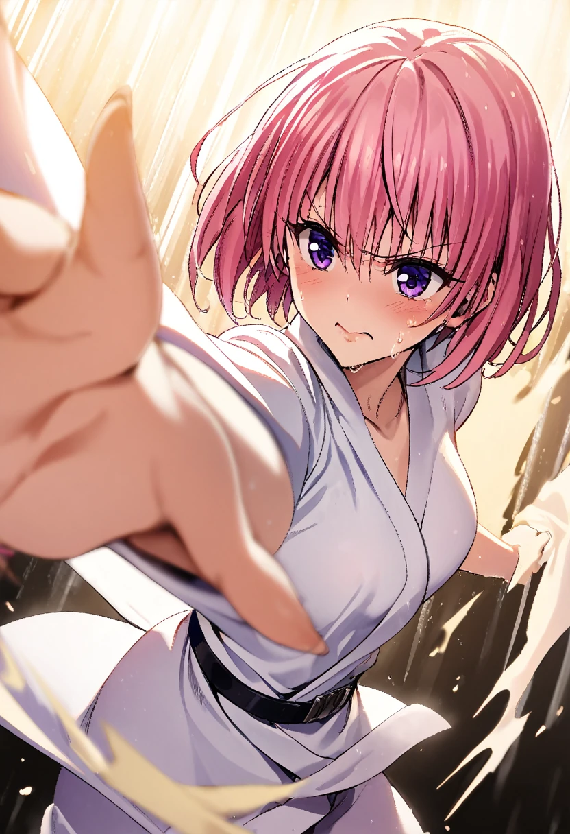 1girl,Momo Belia Deviluke, pink short hair, purple eyes, white judo gi, black belt, studio dojo set, dynamic throwing technique, determined expression, dramatic side lighting, soft fill light, action-freezing strobe, sweat glistening, professional studio lighting, masterpiece, best quality, absurdres