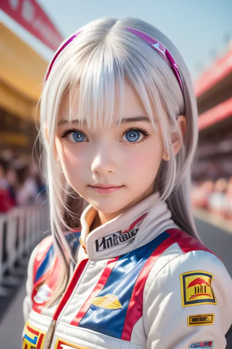 masterpiece,highest quality,very detailed,beautiful girl in colorful race queen costume,,white hair,very cute,race circuit