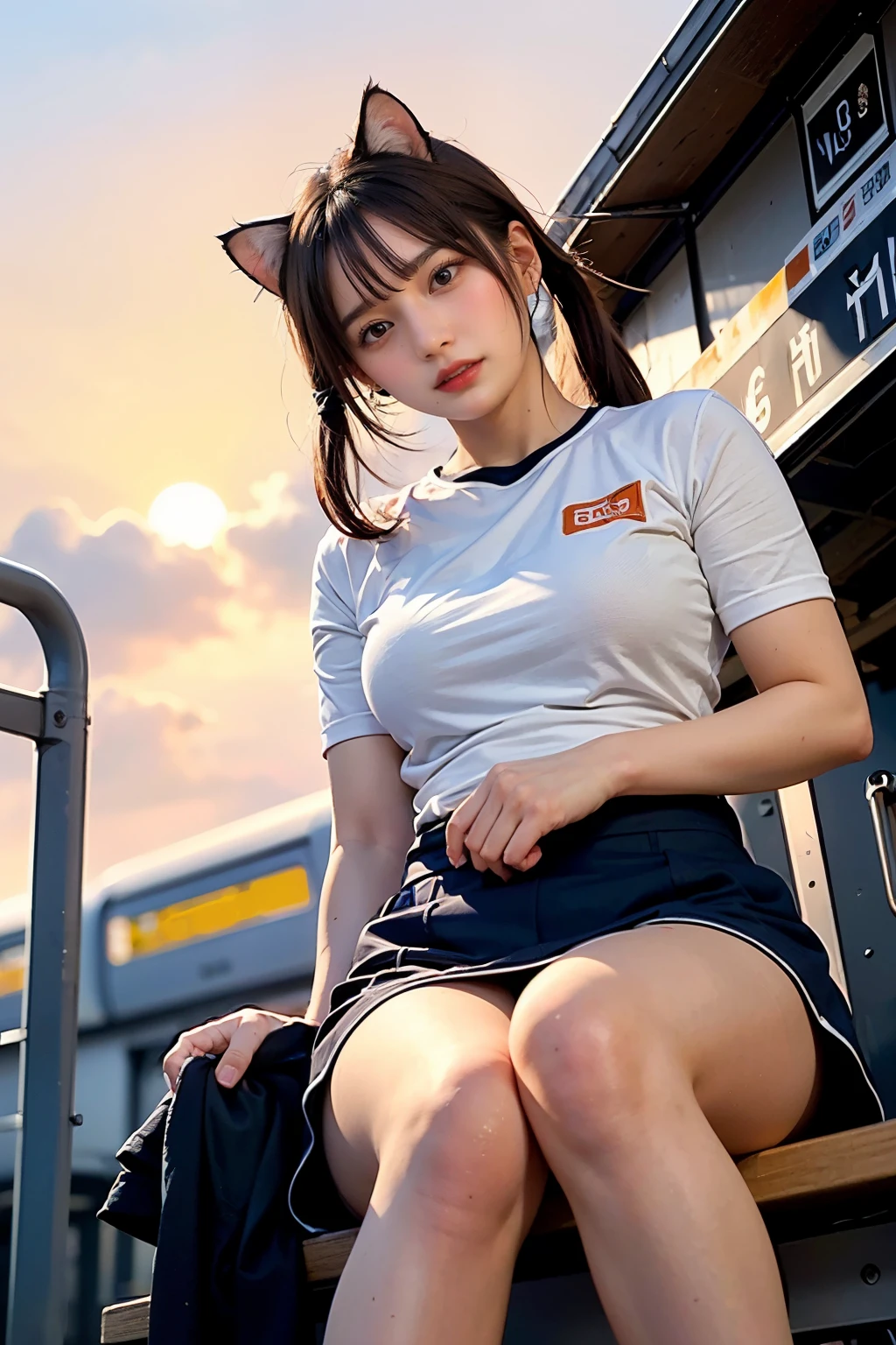 Masterpiece, 4K, bokeh, (Group photo:1.3), (Gym ware:1.3), (Brown hair:1.2),(Blushed face:1.3), (Plump breast:1.2), (Sitting in train station:1.2), (Cat ears:1.3),(From below:1.6),(Sundown :1.2), (Orange beautiful sky and clouds:1.2)