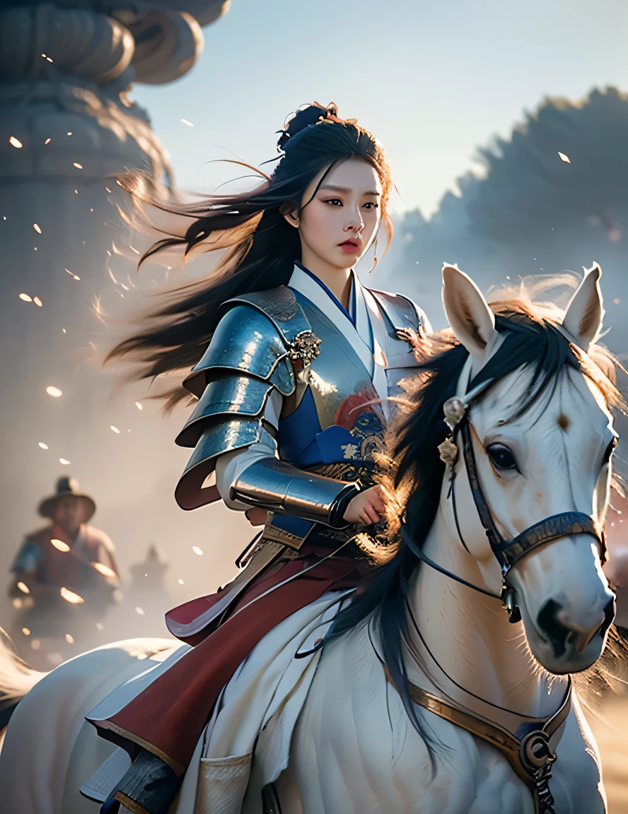 (Highest quality, masterpiece:1.4), (realism:1.2), (Realistic:1.2), (Absurd:1.2), (photoRealistic:1.3), One girl,Realistic Skin,alone,( Very big eyes,Beautiful attention to detail, Symmetrical eyes), Upper Body,((Cowboy Shot)),battlefield, Chinese martial arts fight scene, Chinese man in blue and white porcelain armour, Martial Arts Style, Chinese fairy tales,Very detailedな, dynamic, Cinematic, amazing, Realistic lighting and shading, Vivid, Vibrant, Octane Rendering, Unreal Engine, Very detailed, Concept Art, Realistic, Riding a white horse, wind smoke,Chinese Zen Style,High-impact photos, 