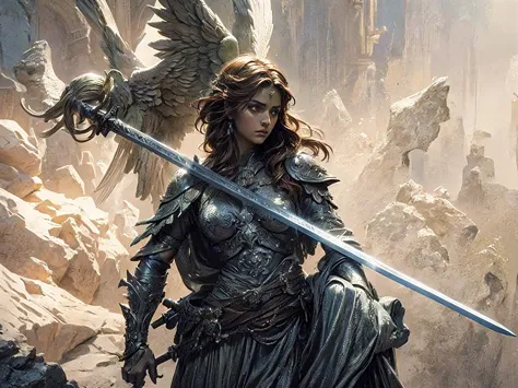 a stone angel statue holding a sword, a brown-haired woman holding a sword, highly detailed, photorealistic, 8k, hyper-realistic...