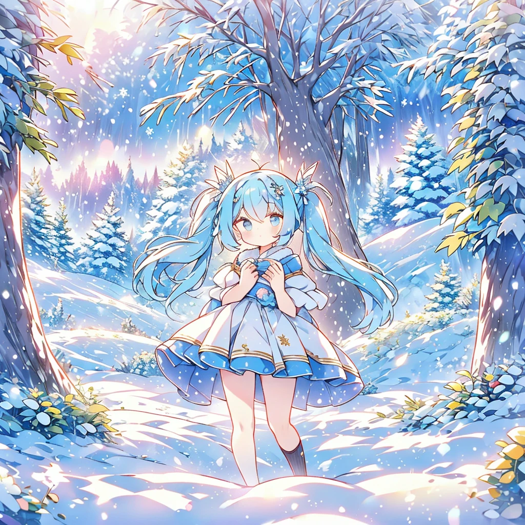 Long Hair, bangs, Blue Hair/Light blue hair, snowflake hair accessories,Twin tails,Headpiece, 