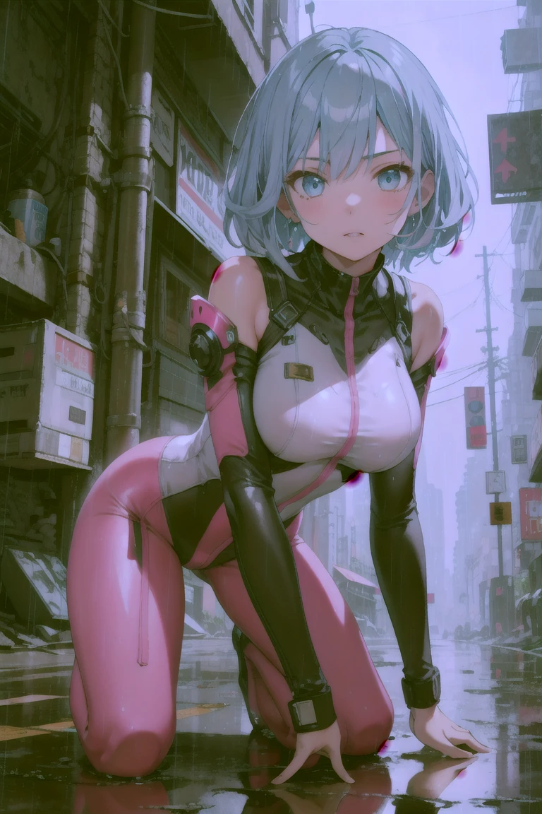 ((masterpiece)), ((best quality)), perfect detailed eyes, perfect detailed face, light blue hair, hair over shoulder, (pink bodysuit), armed shoulders, armed arms, sci-fi movie warrior, shiny costume, Cute girl, detailed face, fine details, diffused reflection of light behind, It's raining, kneeling in the rain