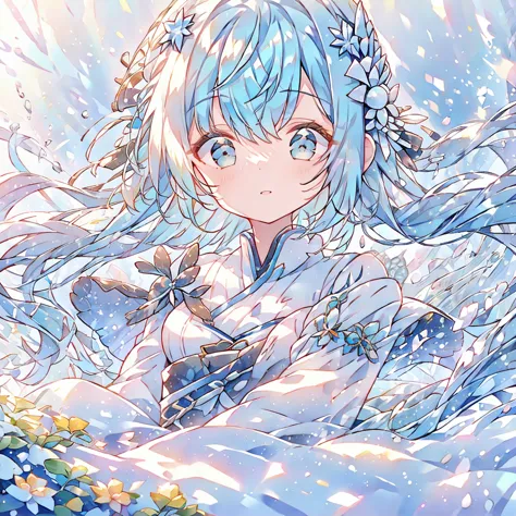 long hair, bangs, blue hair/light blue hair, snowflake hair accessories,twin tails,headpiece,