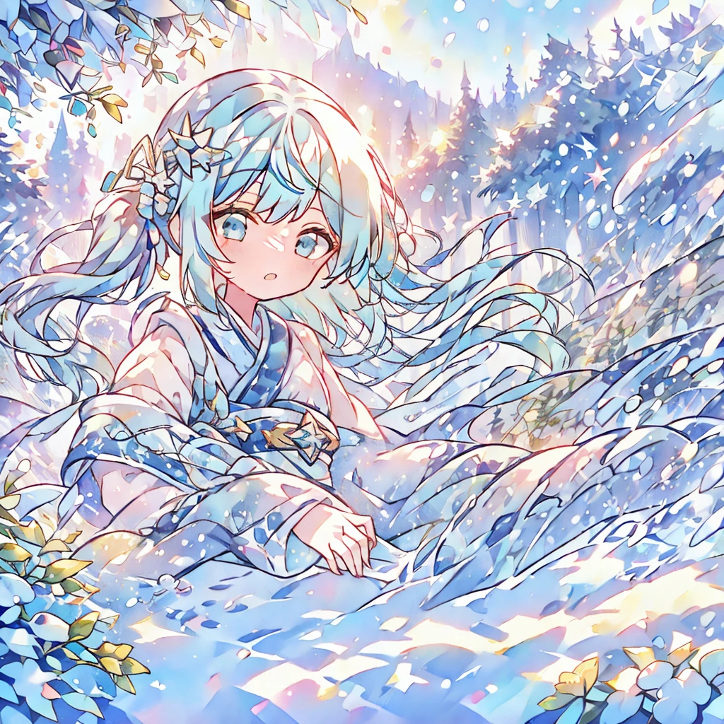 Long Hair, bangs, Blue Hair/Light blue hair, snowflake hair accessories,Twin tails,Headpiece, 