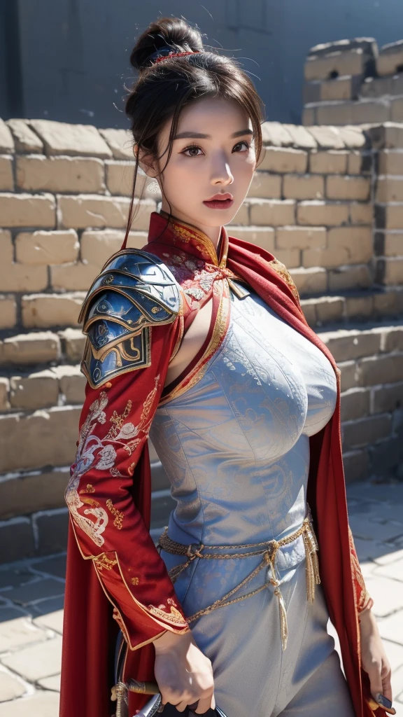 (1 female)), ((16K)), Mature Woman, ((((Female warrior with nunchucks))))、(((Attractive Asian Model:1.0))),((Beautiful Asian Model))、(((China dress)))、(((Chinese National Costume)))、(((Toned body))),(((Big Breasts))),(((Big Breasts))), ((8k, Highest quality:1.2))、((masterpiece)), High resolution, (Skin Texture:1.1), Highest quality, 超High resolution, (Realistic: 1.4), RAW Photos,((Perfect Face))、Age 35, Toned body, Black Hair,A well-trained body、 (Red and white outfit)、((The background is the Great Wall.)),(((The background is the Great Wall.))), ((Female Warrior with a Sword)), masterpiece, ((Ultra HD)), Insane Details, Realistic, Detailed face, 詳細なSkin Texture, Blurred Background, (( Wearing a breastplate)), (((Big Breasts))), (Ancient fantasy soldiers),(Ancient soldier armor),Combat Accessories,vision, Perfect Face, Delicate eyes, Voluminous lips, Big eyes, ((Long trousers))、(((Armor with intricate patterns))、Looking into the camera、Looking into the camera、Metal shoulder pads、