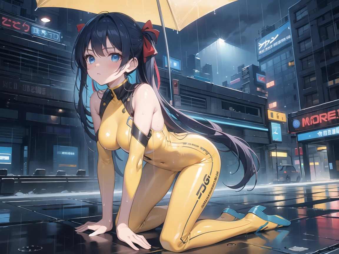 ((masterpiece)), ((best quality)), perfect detailed eyes, perfect detailed face, dark blue hair, quad tails, ribbon, (yellow bodysuit), armed shoulders, armed arms, sci-fi movie warrior, shiny costume, Cute girl, detailed face, fine details, diffused reflection of light behind, It's raining, kneeling in the rain