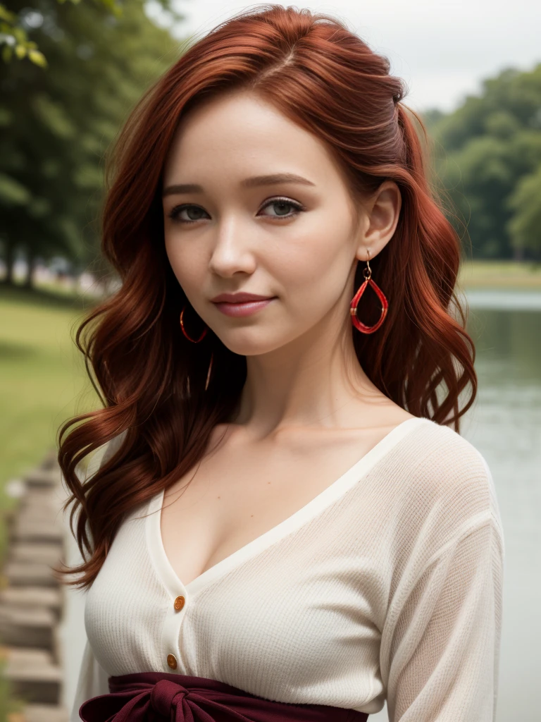 at lake schwerin, professional photography, Canon EOS 5 , a 17-year-old. 1 wunderschöne Red-Hairede junge Frau , full upper body, beautiful detailled face, perfect face, perfect full body, perfect anatomy, Red-Haired (Christa Theret: 1.3), ( Alexia Fast: 1.3),,Highly detailed youthful face, proporções perfeitas, ((red hair)), curly hair, nice ponytail,  Very detailed, perfect and highly detailed face, immaculate, with whole body and an anatomically correct body, absolut perfektes Gesicht immaculatee Haut, ,16K, HDR, broad light, high contrast, keen focus, RAW color photo, long simple earrings with orange and burgundy pearls, Ribbons and stones, full body view, wide angle view, masterpiece, , outdoor,  casual leisure wear,  , Relaxed smile, sharp background