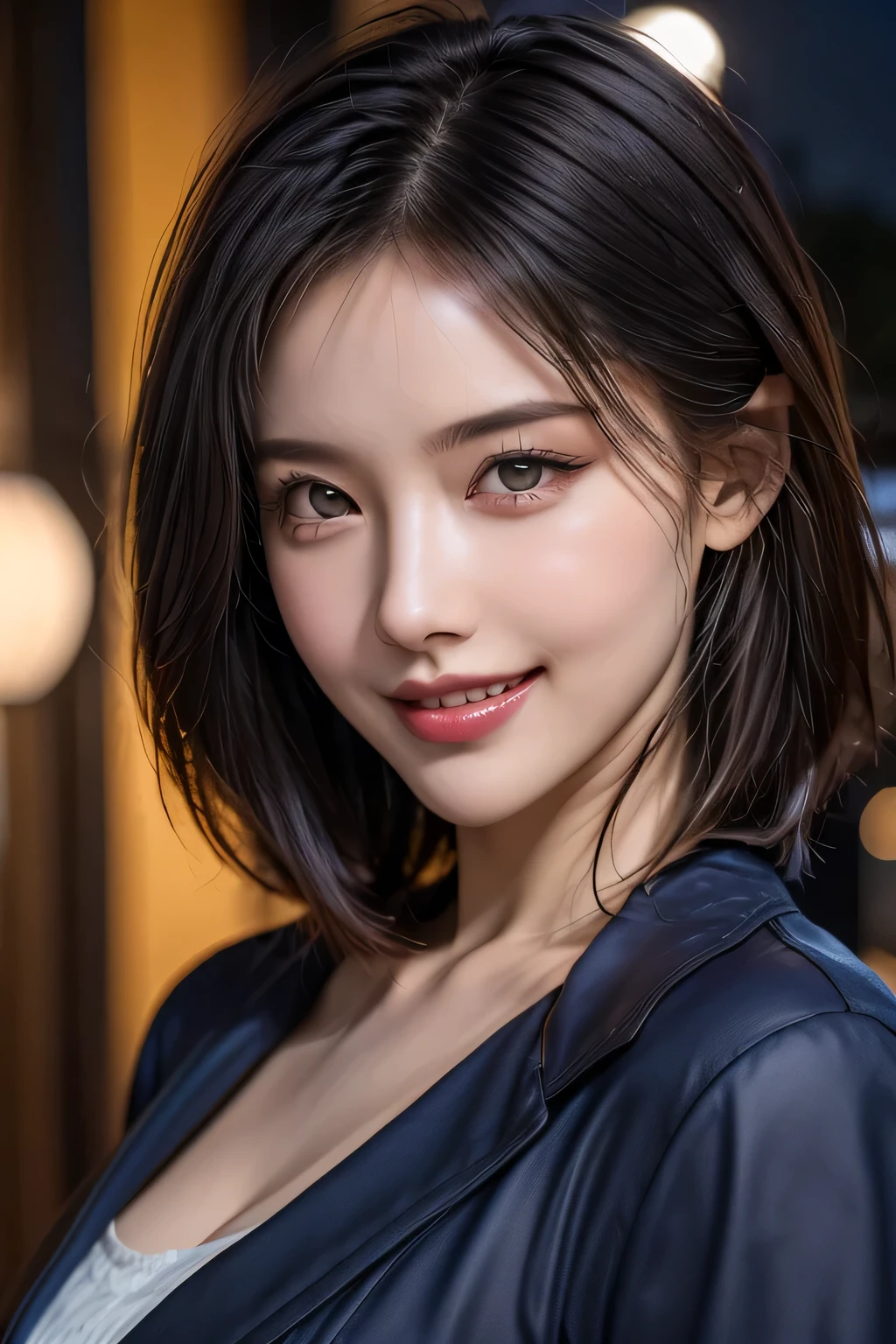 (highest quality, 8k, 32K, masterpiece), (Realistic), (Realistic:1.2), (High resolution), (night:1.7), Japan, cyber punk, 街の景Farbe, In front of the window,Wooden floor, Blue jacket, Grey Shirt, clavicle, jewelry, gem, Brunette Bob, 1 female, 4, (Grin), Beautiful body, beautifulNose, beautifulcharacter design, Perfect Eyes, perfectface, Expressive eyes, View your viewers, Center the image, (Cowboy Shot), Official Art, Very detailed CG Unity 8k wallpaper, Perfect lighting,Farbeful, bright_front_face_Lighting,Glowing Skin, (masterpiece:1.0),(Highest_quality:1.0), 超High resolution,4K,Very detailed, photograph, 8k, High resolution, High resolution, absurdes:1.2, Kodak Port 400, Film Grain, Blurred Background, bokeh:1.2, Lens flare, (Vibrant_Farbe:1.2) (beautiful,chest), (beautiful_face:1.5),(narrow_Waist)