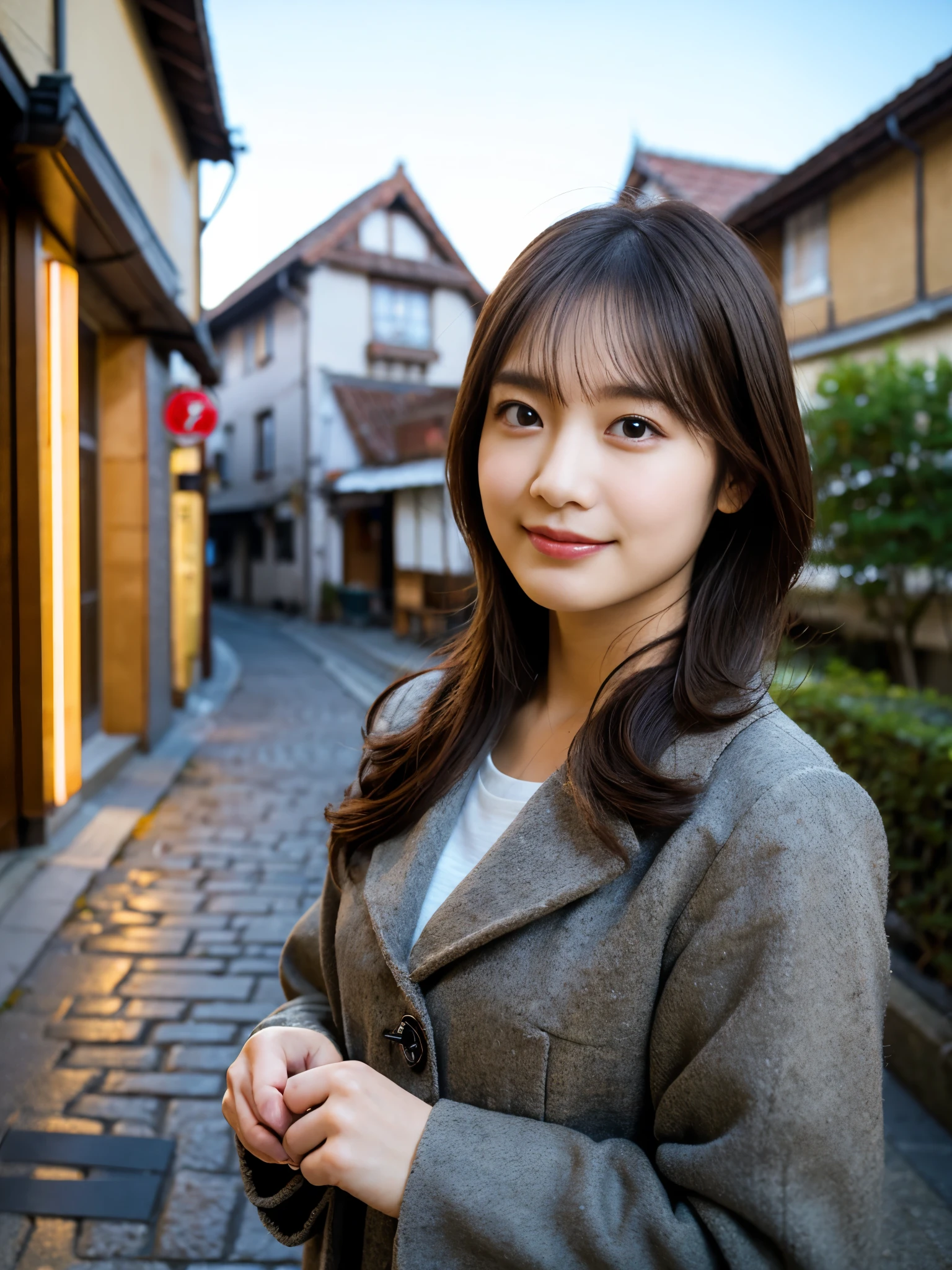  (8K, RAW photo, highest quality, masterpiece:1.3), (realistic, photo-realistic:1.4), (Highly detailed 8K wallpaper), sharp focus, Depth of written boundary,
 japanese idol,very cute, (coat:1.3),(long hair: 1.3), Upper body, highly detailed face and eyes,((shiny skin:1.2)), cinematic lighting, soft light, blur background,( An old European village street in the early morning, cobblestone roads, with a bakery emitting a warm glow and inviting aroma.)