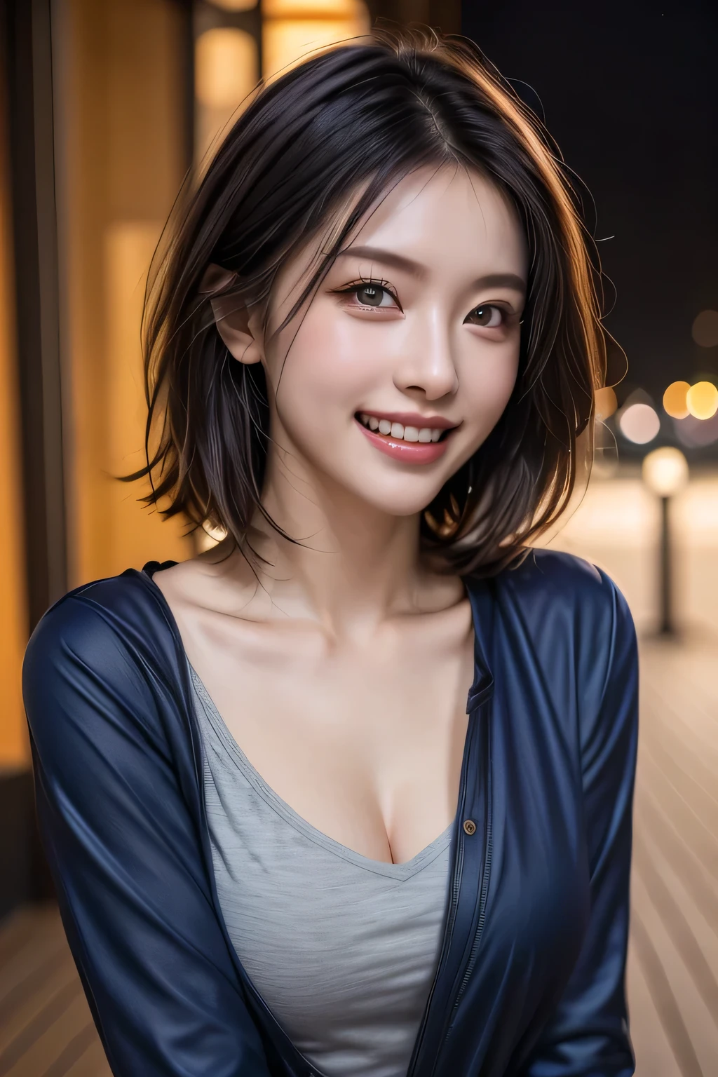 (highest quality, 8k, 32K, masterpiece), (Realistic), (Realistic:1.2), (High resolution), (night:1.7), Japan, cyber punk, 街の景Farbe, In front of the window,Wooden floor, Blue jacket, Grey Shirt, clavicle, jewelry, gem, Brunette Bob, 1 female, 4, (Grin), Beautiful body, beautifulNose, beautifulcharacter design, Perfect Eyes, perfectface, Expressive eyes, View your viewers, Center the image, (Cowboy Shot), Official Art, Very detailed CG Unity 8k wallpaper, Perfect lighting,Farbeful, bright_front_face_Lighting,Glowing Skin, (masterpiece:1.0),(Highest_quality:1.0), 超High resolution,4K,Very detailed, photograph, 8k, High resolution, High resolution, absurdes:1.2, Kodak Port 400, Film Grain, Blurred Background, bokeh:1.2, Lens flare, (Vibrant_Farbe:1.2) (beautiful,chest), (beautiful_face:1.5),(narrow_Waist)