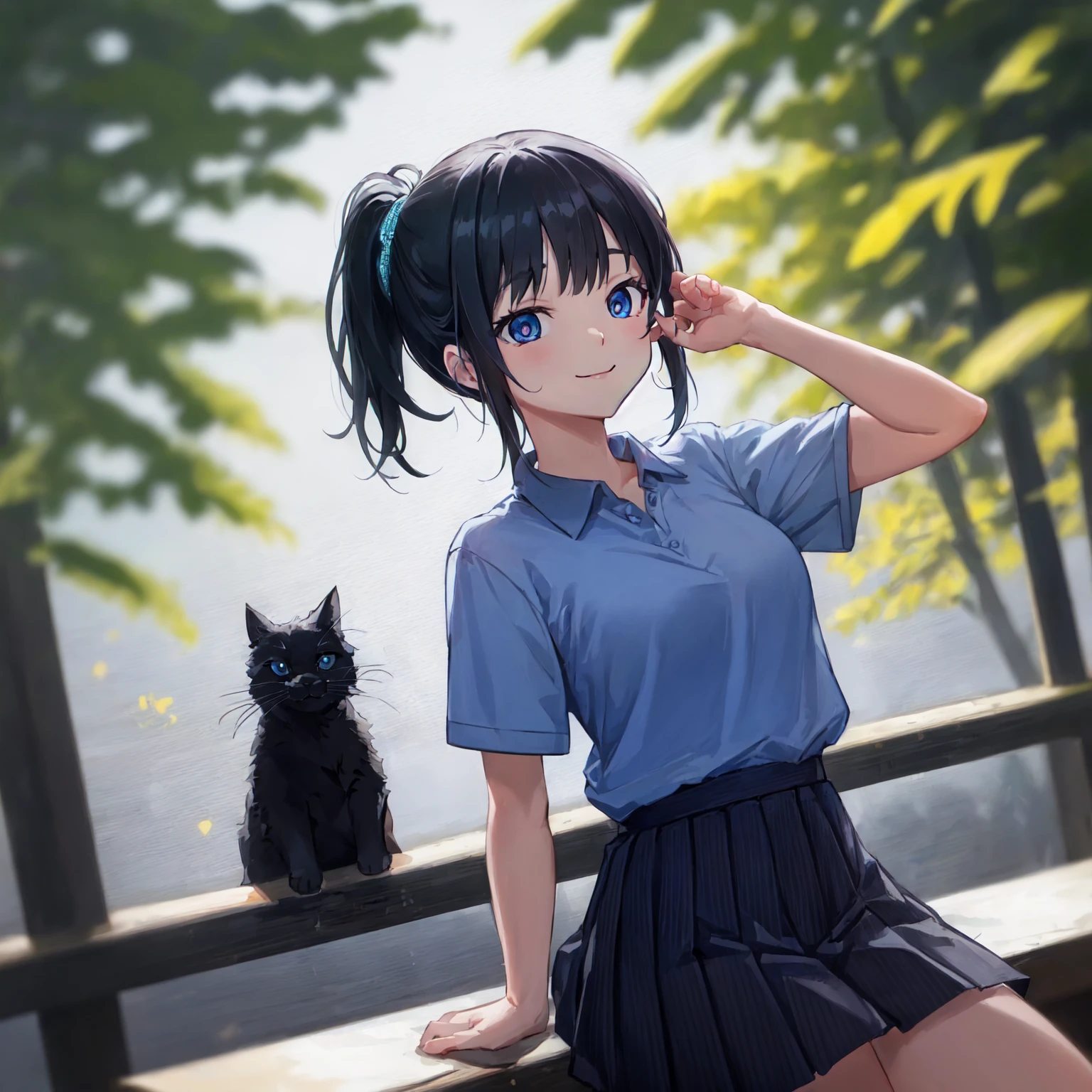 (pencil art:1.3),masterpiece, Highest quality,pastel color,Black cat,Walking around the city, Wave lightly,sneakers,closed mouth,smile,polo shirt,(Masterpiece:1.5, Best Quality),blue polo shirt,dark grey pleated skirt,Lower ponytail,Dutch Angle, {{black hair}} , (Depth of Field), Dynamic Posture,{{beautiful medium size breasts1:4}},{{beautiful blue eye1:4}},photorealistic 1;4, high quality panties, top quality, {{beautiful butt}}, cute girl, high quality background, BREAK, BREAK, 5 fingers