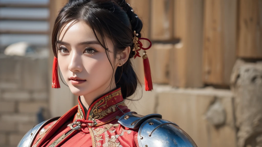 (((1 female))), ((16K)), Mature Woman, ((((Female warrior with nunchucks))))、(((Attractive Asian Model:1.0))),((Beautiful Asian Model))、(((China dress)))、(((Chinese National Costume)))、(((Toned body))),(((Big Breasts))),(((Big Breasts))), ((8k, Highest quality:1.2))、((masterpiece)), High resolution, (Skin Texture:1.1), Highest quality, 超High resolution, (Realistic: 1.4), RAW Photos,((Perfect Face))、Age 35, Toned body, Black Hair,A well-trained body、 (Red and white outfit)、((The background is the Great Wall.)),(((The background is the Great Wall.))), ((Female Warrior with a Sword)), masterpiece, ((Ultra HD)), Insane Details, Realistic, Detailed face, 詳細なSkin Texture, Blurred Background, (( Wearing a breastplate)), (((Big Breasts))), (Ancient fantasy soldiers),(Ancient soldier armor),Combat Accessories,vision, Perfect Face, Delicate eyes, Voluminous lips, Slit eyes、Big eyes, ((Image of China))、(((Armor with intricate patterns))、Looking into the camera、Looking into the camera、Metal shoulder pads、She is standing