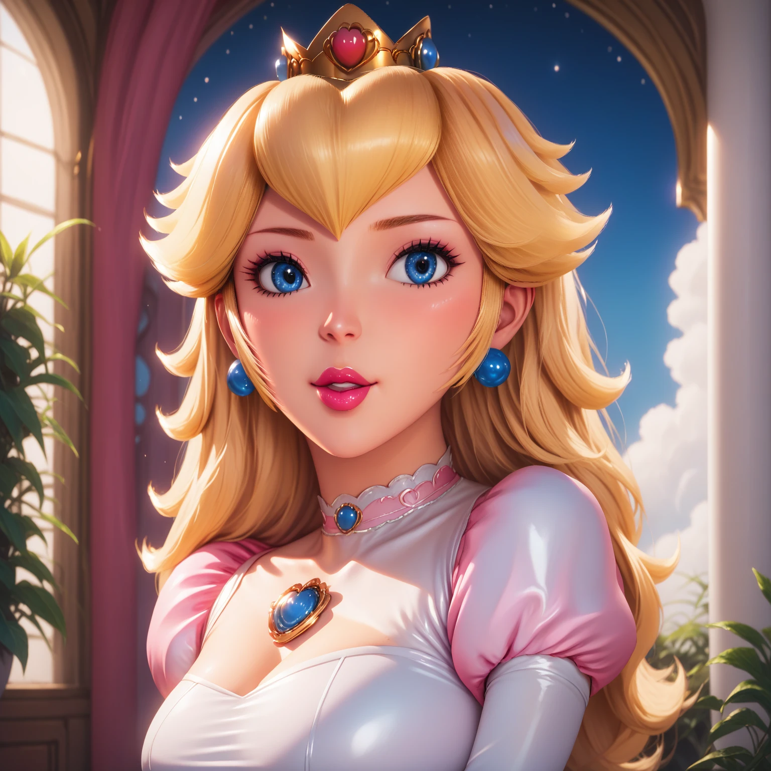 PRINCESS PEACH, 1 girl, beautiful detailed blue eyes, beautiful detailed lips, extremely detailed face, long eyelashes, loose wavy blonde hair, ornate crown, elegant wedding dress, revealing dress, intricate embroidery, lush garden, dramatic lighting, photorealistic, 8K, high resolution, sensual pose. the whole body.