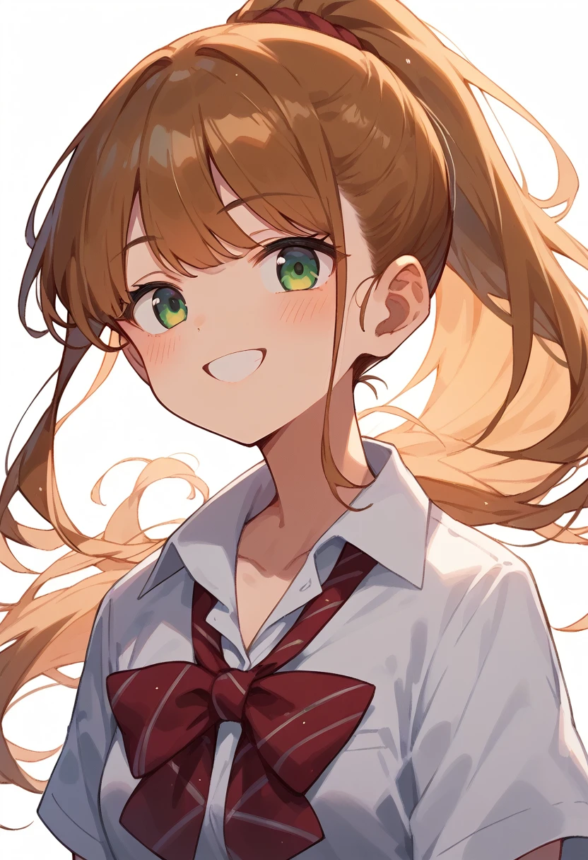 masterpiece, (score_9,score_8_up,score_7_up,score_6_up), 1 girl, green eyes, little sassy, skinny, tsurime, asymmetrical bangs, high ponytail, (blond hair:1.3), (school uniform), (white collared shirt, plain pattern shirt, short sleeves, shirt tucked in:1), (red plain pattern narrow neck ribbon:1.1), brown loafers,
white loose socks,
bare feet, teeth, happy, looking at viewers, 