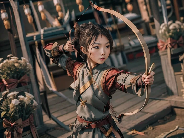 Front view ,  a Chinese female warrior, (1 girl is  drawing a bow and arrow, showcasing both Eastern archery styles:1.3), 