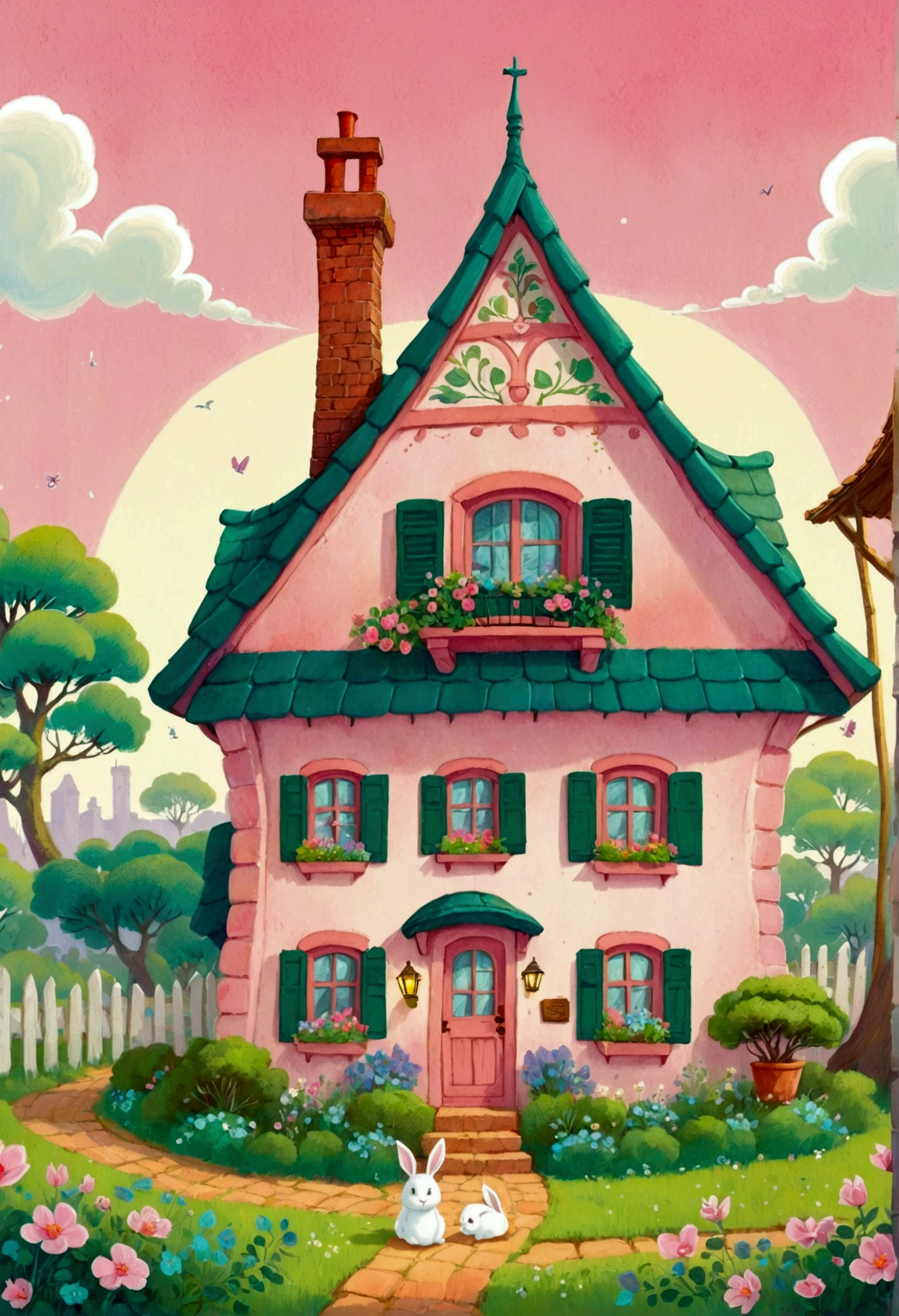 cartoon illustration of a house with a rabbit on top of it, rounded house and cute character, cute detailed digital art, cute storybook illustration, house background, cute anthropomorphic bunny, hiding in the rooftops, sweet home, little cottage, the rabbit has pink fur, cozy home background, hand painted cartoon art style, cute detailed artwork, ghibli studio style