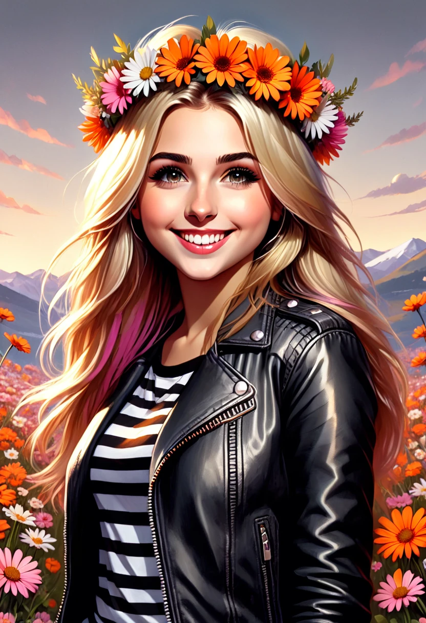 The image is a digital illustration of a young girl with long blonde hair.. She is wearing a black leather jacket with a striped shirt underneath and a gray skirt with pink and orange flowers.. She has a flower crown on her head with white daisies. The girl has a big smile on her face and is looking directly at the camera.. The background is white.