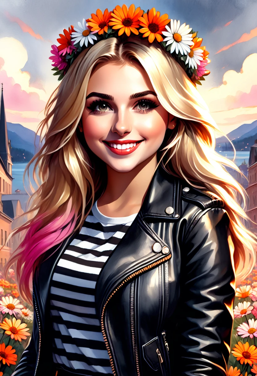 The image is a watercolor style digital illustration of a young girl with long blonde hair.. She is wearing a black leather jacket with a striped shirt underneath and a gray skirt with pink and orange flowers.. She has a flower crown on her head with white daisies. The girl has a big smile on her face and is looking directly at the camera.. The background is white.