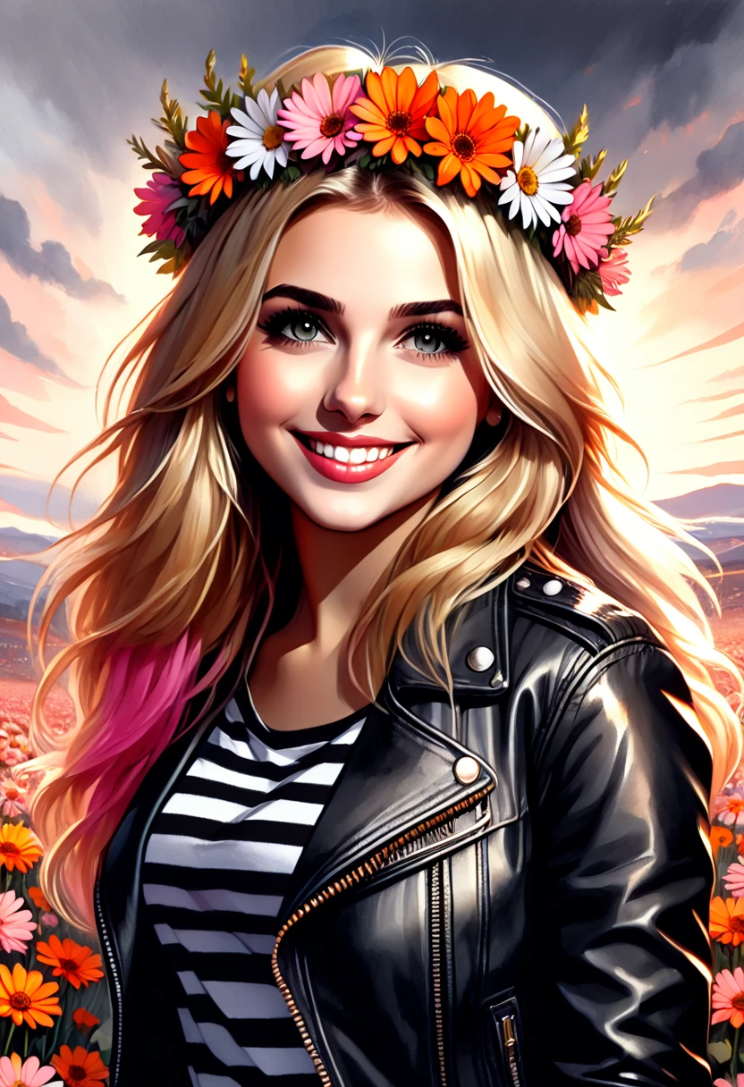 The image is a watercolor style digital illustration of a young girl with long blonde hair.. She is wearing a black leather jacket with a striped shirt underneath and a gray skirt with pink and orange flowers.. She has a flower crown on her head with white daisies. The girl has a big smile on her face and is looking directly at the camera.. The background is white.