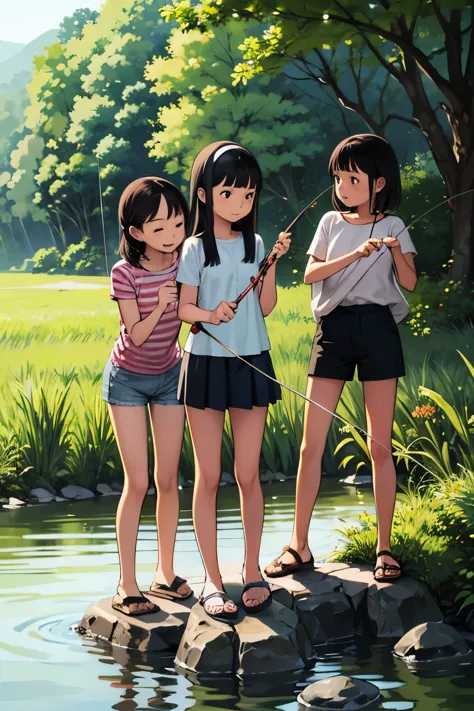 masterpiece, highest quality,plural, three girls, in a beautiful river、fish hanging、(holding a fishing rod:1.4)、(holding a bucke...