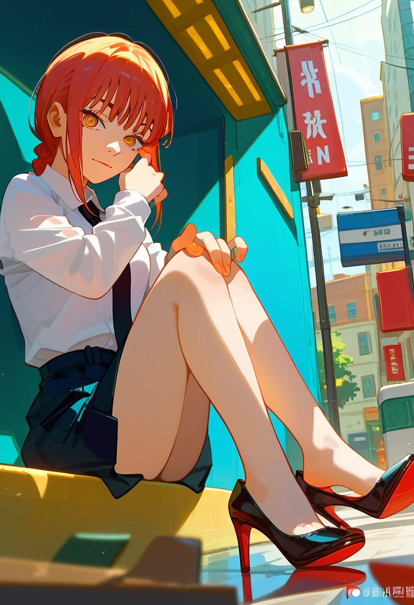 1girl, high heels shoe dangle, makima (chainsaw man), sitting