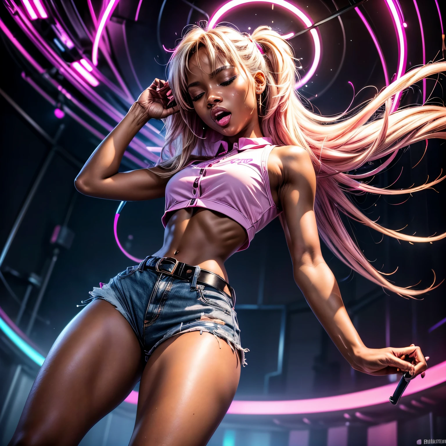 in pink hypnosis, (1), (dark skin), dark skin, wide shot, blond hair, orgasm, (white button down top, pink shorts with belt), (Masterpiece, Professional lighting, 16k, 8k wallpaper, raw photo, photorealistic:1.8, ultra detailed, natural lighting, detailed skin sexy pose, open mouth, big lips, night time, eyes closed, magic energy, neon light, orgasm, screaming, thick thighs, ((slim thick body:1.2)), hypnosis