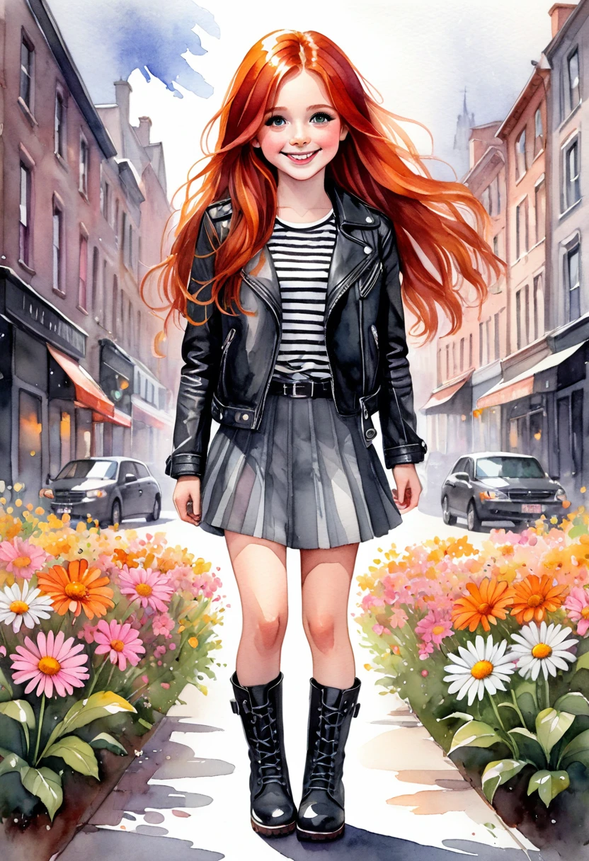 The image is a watercolor style illustration of a young girl with long red hair. She is wearing a black leather jacket with a striped shirt underneath and a gray skirt with pink and orange flowers. She has a white daisy on her. She wears black boots on her feet. The girl has a big smile on her face and is looking directly at the camera. The background is