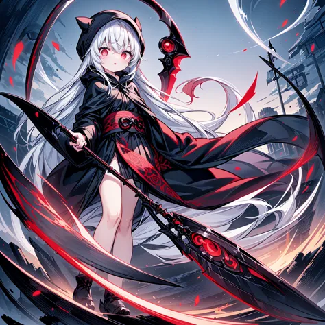 the cover image of the manga, gray grim reaper scythe, features a cute girl with waist-length white hair and ruby red eyes, stan...