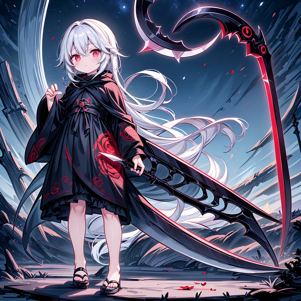 The cover image of the manga, Gray Grim Reaper Scythe, features a cute girl with waist-length white hair and ruby red eyes, standing in a beautiful pose holding a scythe The sickle has a single black handle.Red spider lily fractal art、chaos、chaos、🌹Thorns、