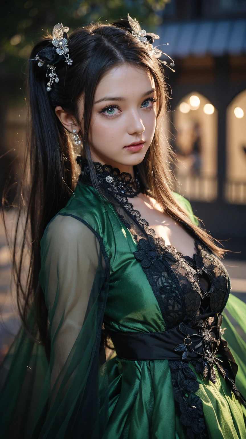 (One person),Gothic,Twin tails,Gray Hair, Organza Lace,Gorgeous and elaborate clothes,Gothic, flight, green, (colorful), Bold, Gradient Blend, Motion Blur, Sparkling Texture, Dynamic configuration, Atmospheric perspective, Impressionist, , (masterpiece), (Highest quality), wonderful, (Beautiful attention to detail), (In detail), Depth of written boundary, Highly detailed CG, original, Highly detailed wallpaper, (Vibrant colors), Cinema Lighting,  (colorful), blush,