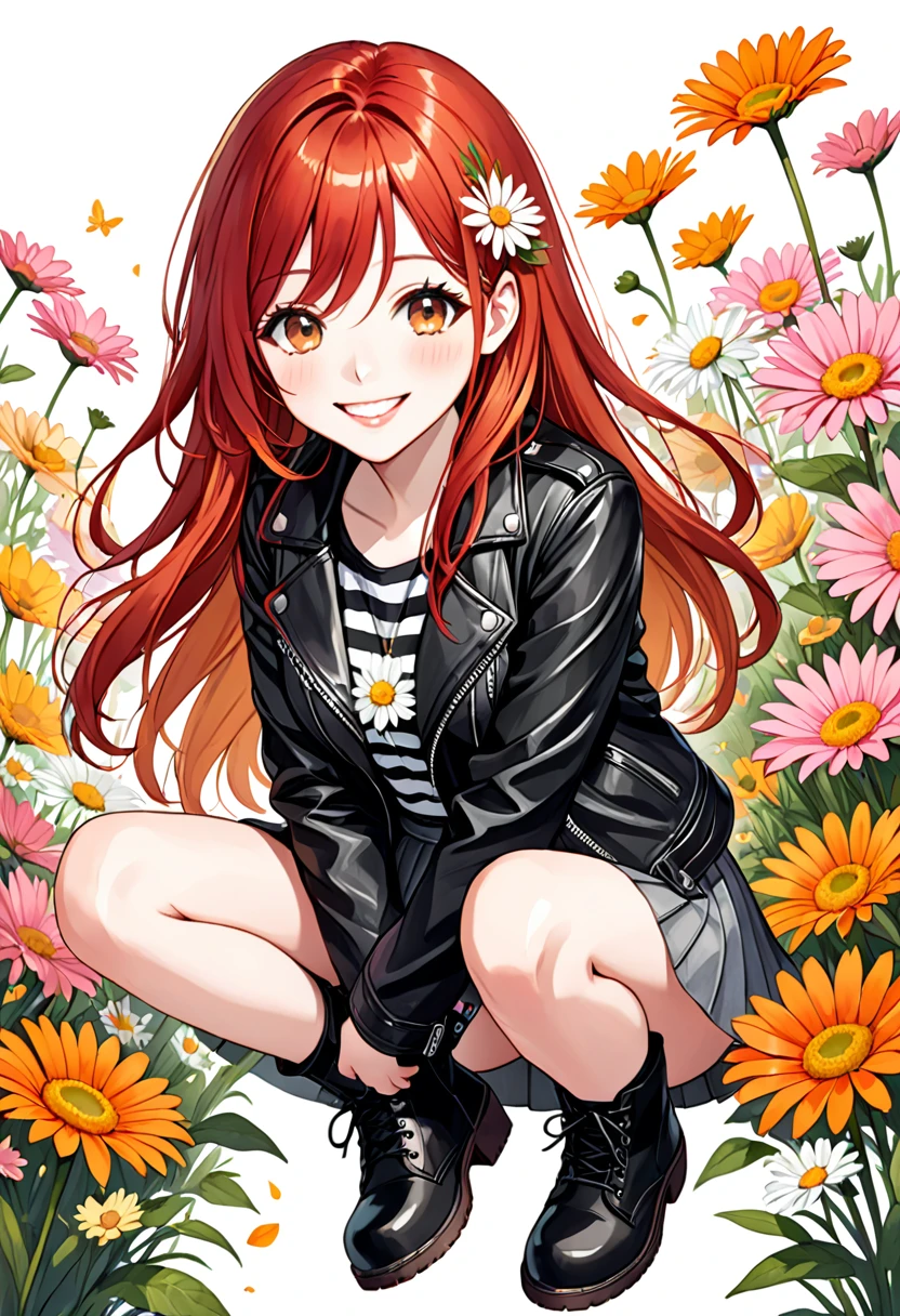 The image is a watercolor style illustration of a young girl with long red hair. She is wearing a black leather jacket with a striped shirt underneath and a gray skirt with pink and orange flowers. She has a white daisy on her. She wears black boots on her feet. The girl has a big smile on her face and is looking directly at the camera. The background is