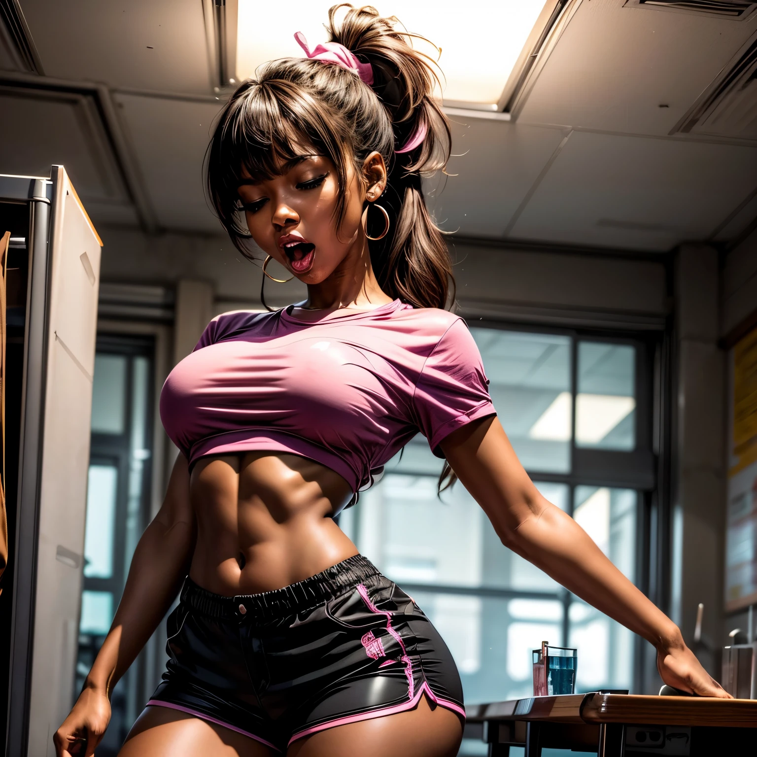 in laboratory, 1, high quality, ebony girl, high resolution, volumetric lighting, 8k, beautiful woman, (dark skin), college student, 's uniform, (big-ass), breasts big, (pink tub top shirt), (cotton shorts:1.2), Wavy hair, pony tail, bangs, headband, hoop earnings, class room, pose sexy, seductively pose, cowboy shot, ((slim thick body:1.1), open mouth, big lips, screaming, orgasm, night time, eyes closed, 