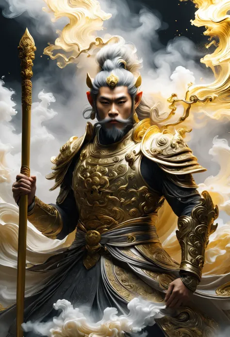 /i sun wukong, the monkey king of chinese mythology, is depicted wearing ornate armor and wielding his golden staff, minimalist ...