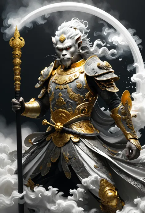 /i sun wukong, the monkey king of chinese mythology, is depicted wearing ornate armor and wielding his golden staff, minimalist ...