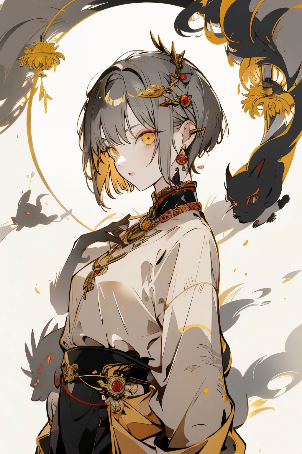 女孩 Gray Hair, short hair, Yellow Eyed, Small Breasts, Cat hair ornaments, Side lock, Gray Hair, Shiny hair, , (Golden Eyes: 1.2), 