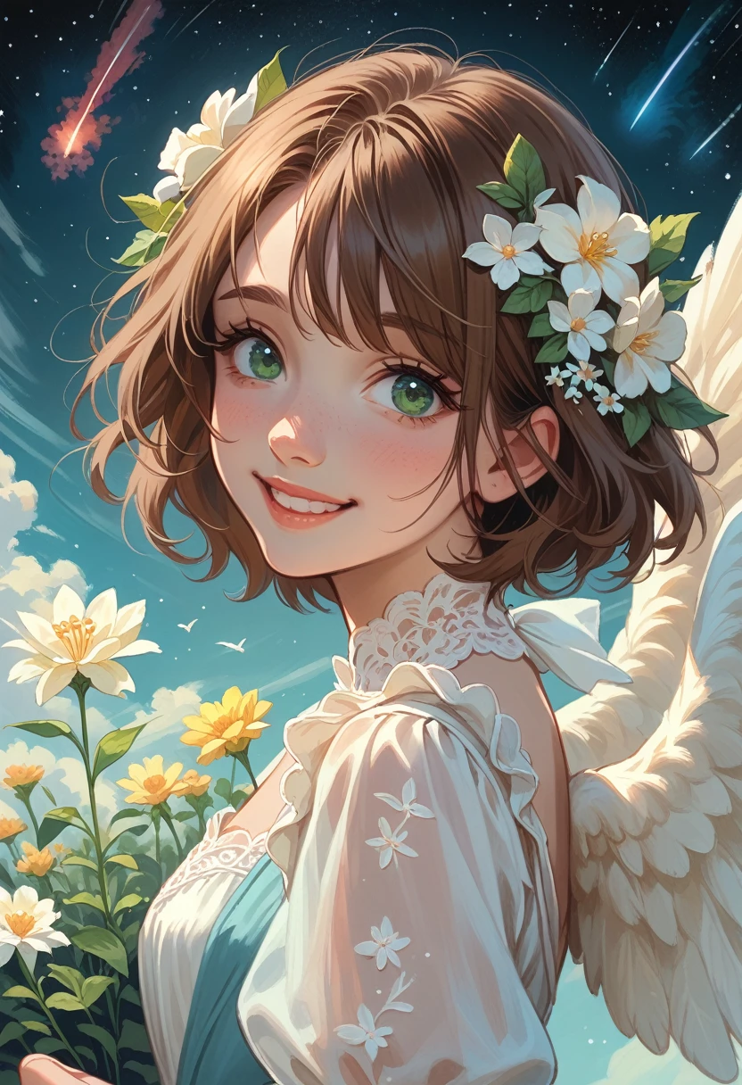 top quality, pastel painting, gentle atmosphere, twin girl angel, cute, white wings, smiling happily, brown short hair of different colors, one with blue eyes, one with green eyes, dresses of different colors, flower hair ornament, upper body, looking at the viewer, space, meteor, light,