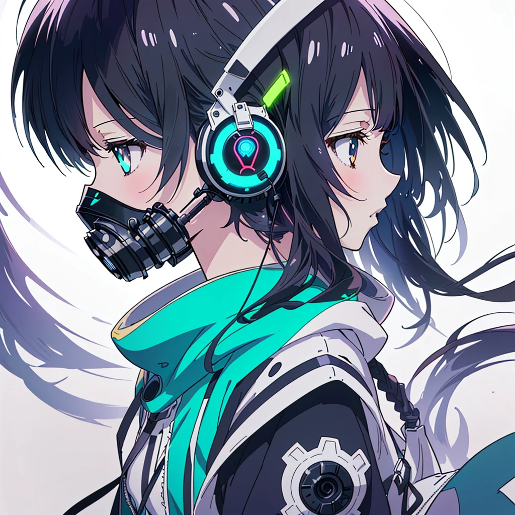 One girl,(((Highest quality、masterpiece、Official Art、Very detailed、Anime Style、Best dynamic composition、profile、Perfect Anatomy)))、 Headphones, hoodie, Vibrant colors, neon, White Background、gas mask、
