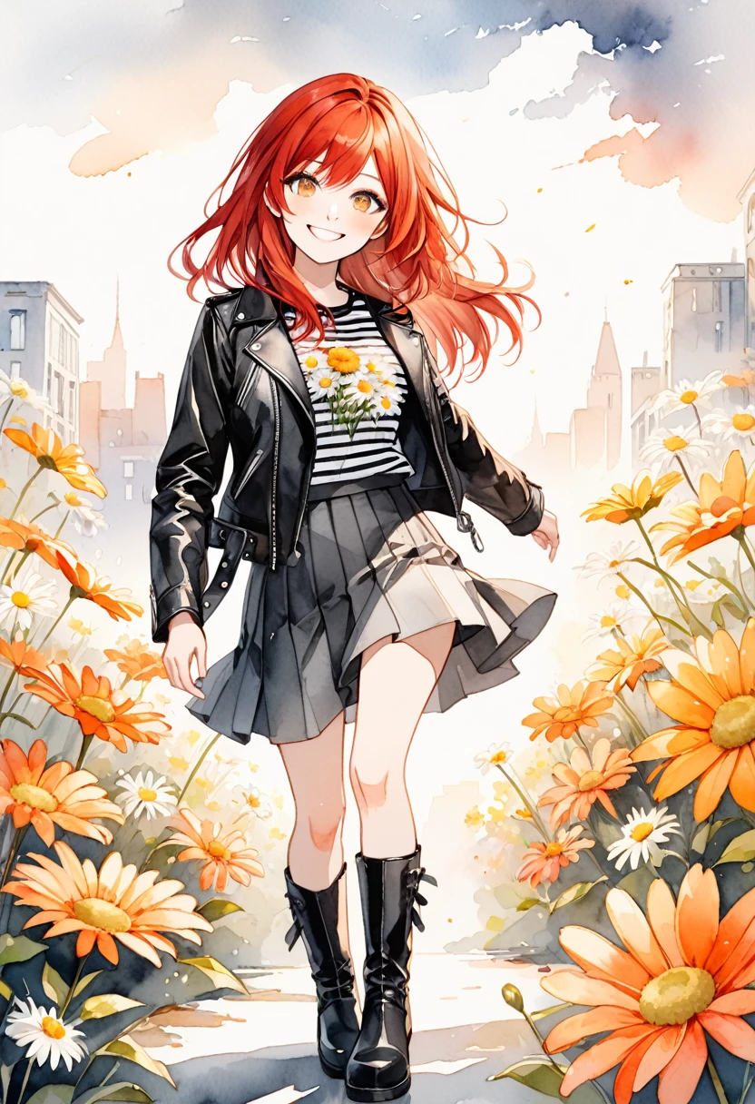 The image is a watercolor style illustration of a young girl with long red hair. She is wearing a black leather jacket with a striped shirt underneath and a gray skirt with pink and orange flowers. She has a white daisy on her. She wears black boots on her feet. The girl has a big smile on her face and is looking directly at the camera. The background is