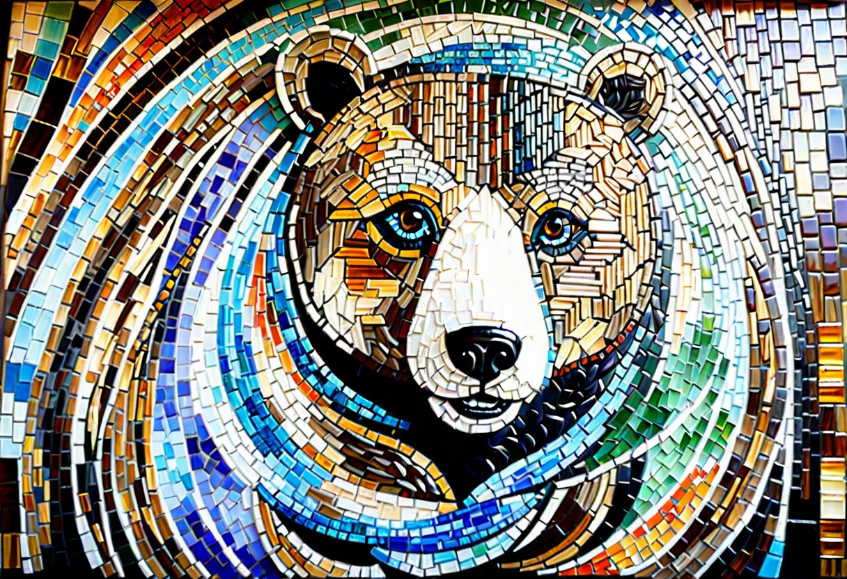 Masterpiece、Highest quality、color々なcolor、Mosaic tile, mural, Bear Godの全身, Bear God, Great art, Bear masterpiece, 細部まで全てMosaic tileで作成された芸術作品, Bear details, Visionary art, Kumajiro, Great art, Great art, highly detailed , By Eva Švankmajerová, Writer：Lee Miss,modern art, creating splashes, 