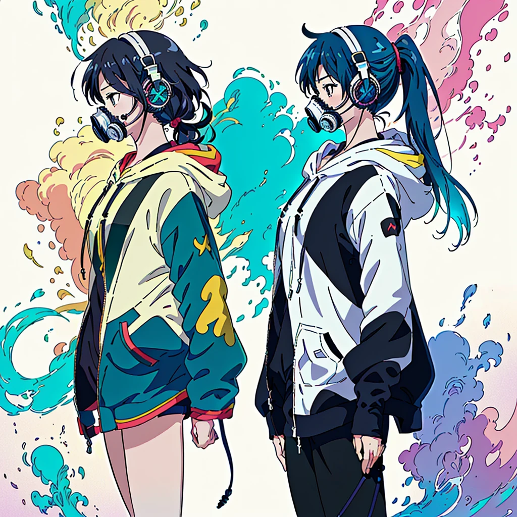 One girl,(((Highest quality、masterpiece、Official Art、Very detailed、Anime Style、Best dynamic composition、profile、Perfect Anatomy)))、 Headphones, hoodie, Vibrant colors, neon, White Background、gas mask、
