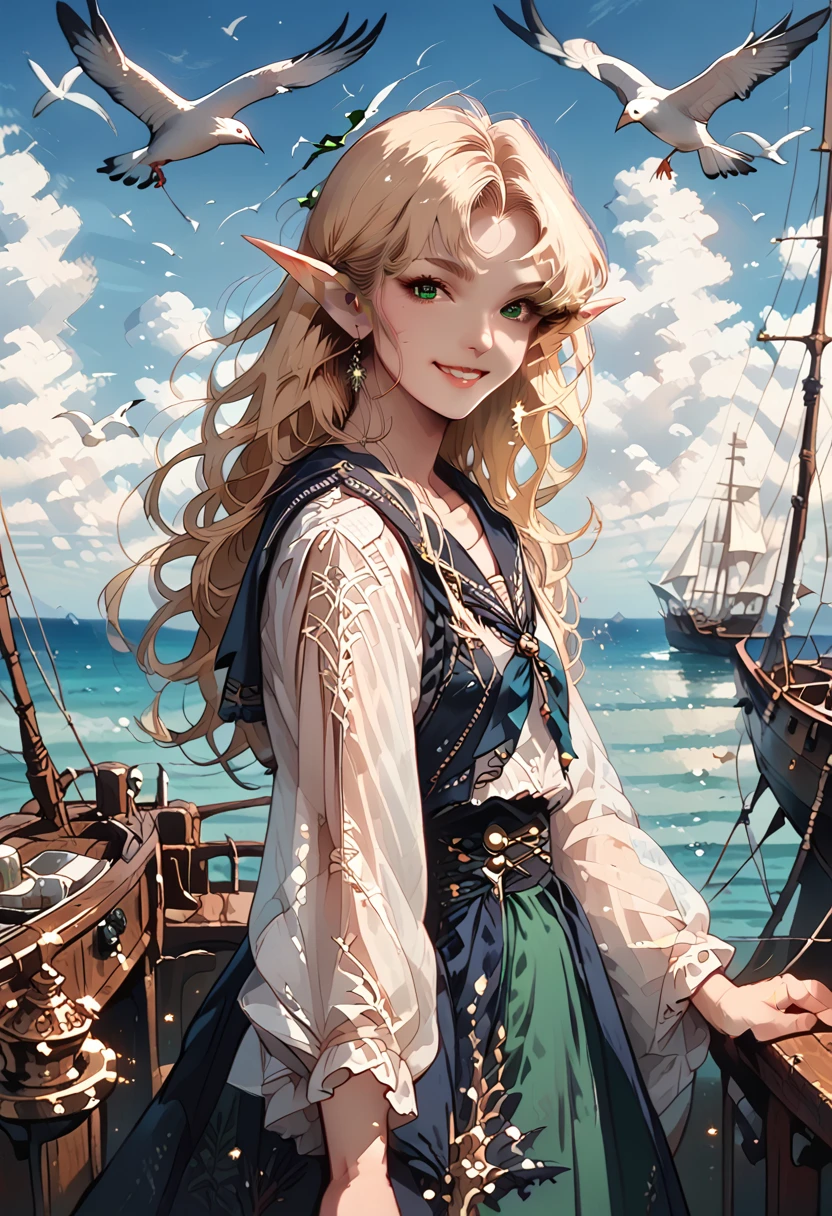 (((Masterpiece, highest quality, high definition, high detail)))), ((((Fantasy))), one, (Elf woman)))), (short skirt of white with gold embroidery), (blonde long straight hair), (glossy dark green eyes), (white ruffled blouse embroidered with gold), big, (((on the deck of a sailing ship at sea)), (vast sea))), (The firmament with clouds visible)), (( Seagulls flying in the sky)), smile, (breeze), particles of light flying