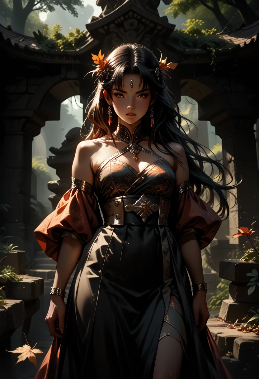 anime,(In the Katana Stone),Girl Attractive,Suitable for stone,autumn forest,Small paved path to the stone,Leaves are crumbling,Dress with diagonal patterns,Behind the stone,Statue-monument to a hero in armor and with long hair,I feel nostalgic,score_9, score_8_up, score_7_up,rating_explicit, Negative Prompt, masterpiece, high quality, clear detail, beautiful colors, 