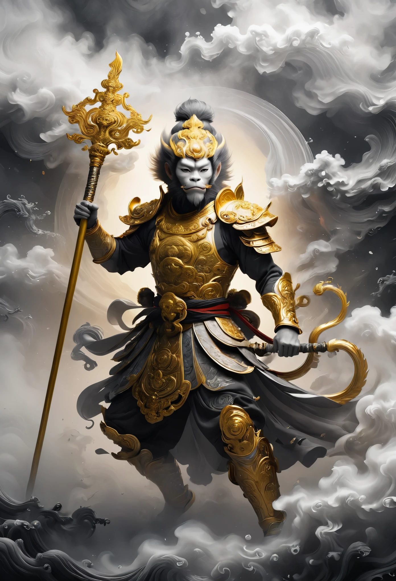 /I Sun Wukong, the Monkey King of Chinese mythology, is depicted wearing ornate armor and wielding his golden staff, Minimalist black and white ink painting, vector art style,Golden Hoop Rod made of swirling smoke around him, isolated on a solid color background, inspired by the work of Kentaro Miura's manga, high-contrast shadows, dark fantasy, realistic textures, watercolor splashes, cinematic lighting, dramatic, dark black and grey colors, visible paper texture. --ar 67:120 --stylize 50 --v 6.1

