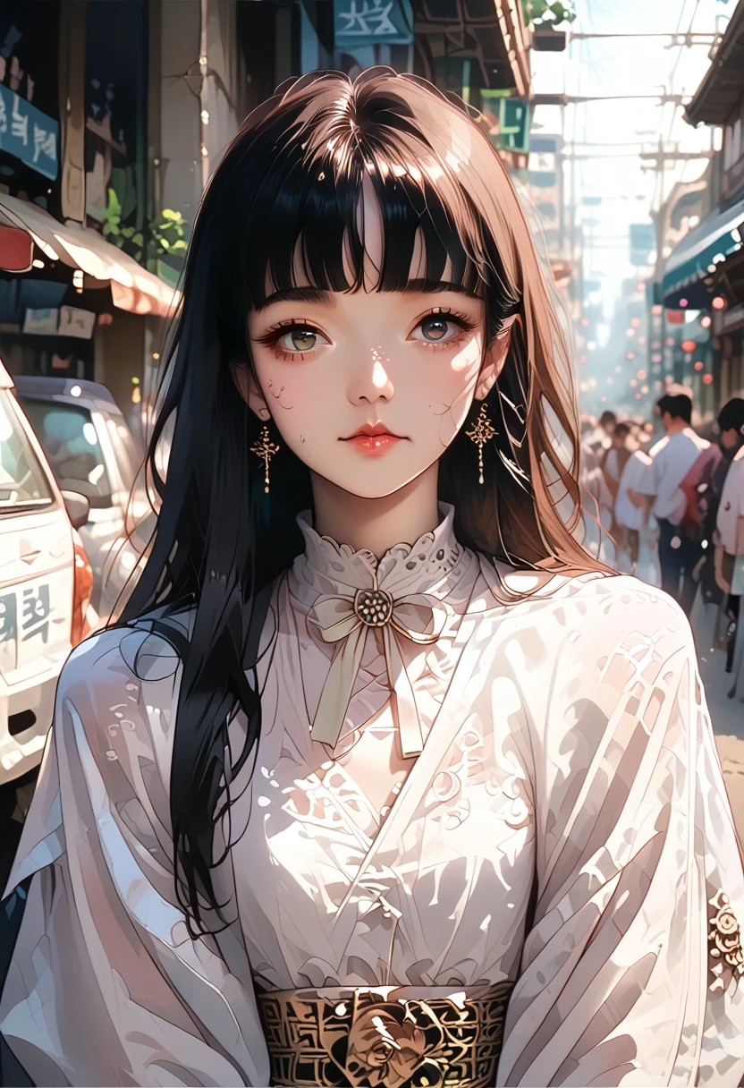 there is a woman with long hair wearing a white jacket and a bow tie, korean girl, realistic young anime girl, chinese girl, anime girl in real life, anime girl with long hair, white hime cut hairstyle, cute natural anime face, realistic anime 3 d style, beautiful anime girl, with cute - fine - face, beautiful anime portrait, beautiful south korean woman