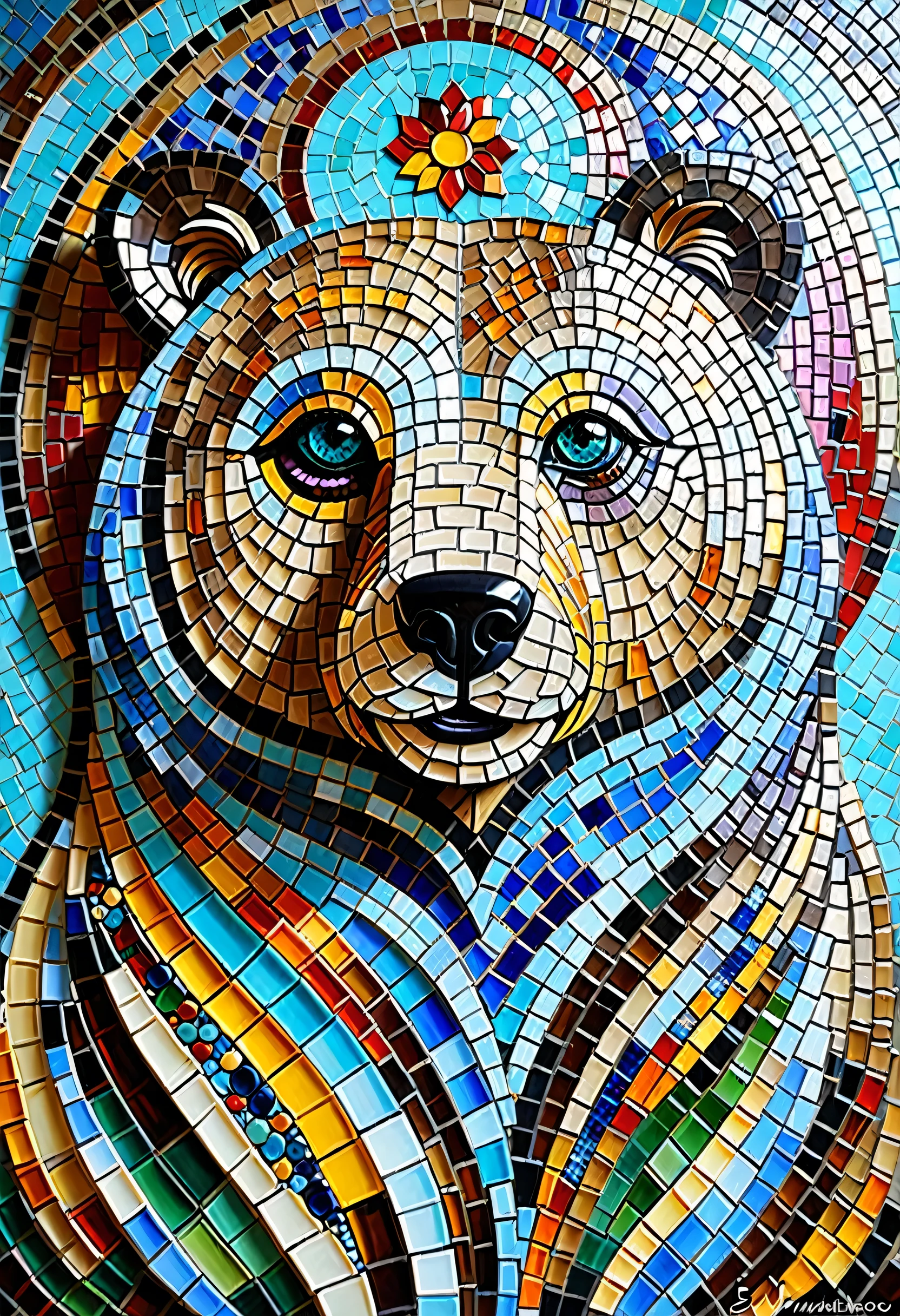 Masterpiece、Highest quality、Farbe々なFarbe、Mosaic tile, mural, Bear God&#39;s whole body, Bear God, Great art, Bear masterpiece, A work of art created with Mosaic tiles in every detail, Bear details, Visionary art, Kumajiro, Great art, Great art, highly detailed , By Eva Švankmajerová, Writer：Lee Miss,modern-art, pop art, 