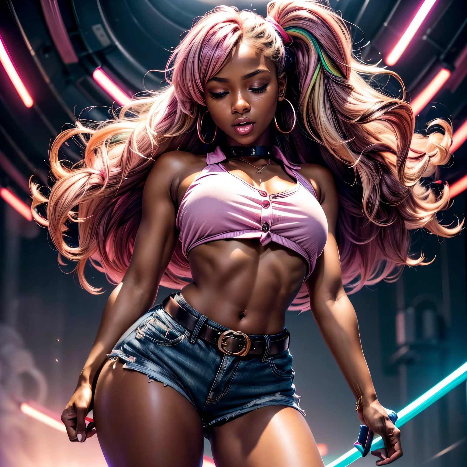 in pink hypnosis, (1), (dark skin), dark skin, wide shot, blond hair, orgasm, (white button down top, pink shorts with belt), (Masterpiece, Professional lighting, 16k, 8k wallpaper, raw photo, photorealistic:1.8, ultra detailed, natural lighting, detailed skin sexy pose, open mouth, big lips, night time, eyes closed, magic energy, neon light, orgasm, screaming, thick thighs, ((slim thick body:1.2)), hypnosis