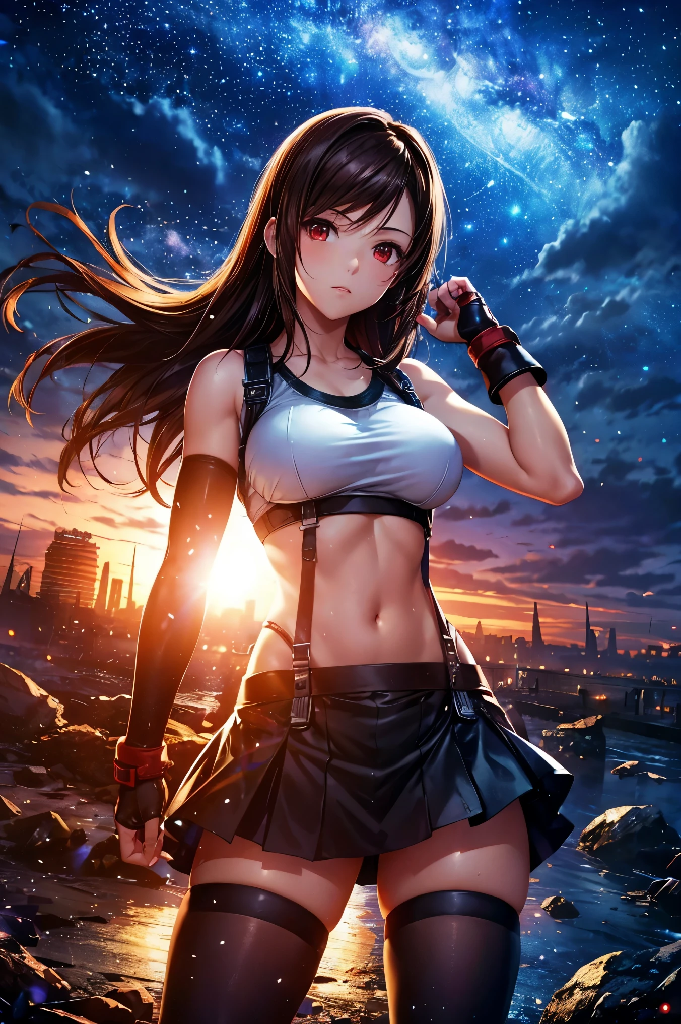 tifa lockhart, wallpaper, landscape, depth of field, night, light particles, light rays, side lighting, thighs, skirt, red eyes, brown hair, thigh high socks, arm sleeves,led,starry light,night
