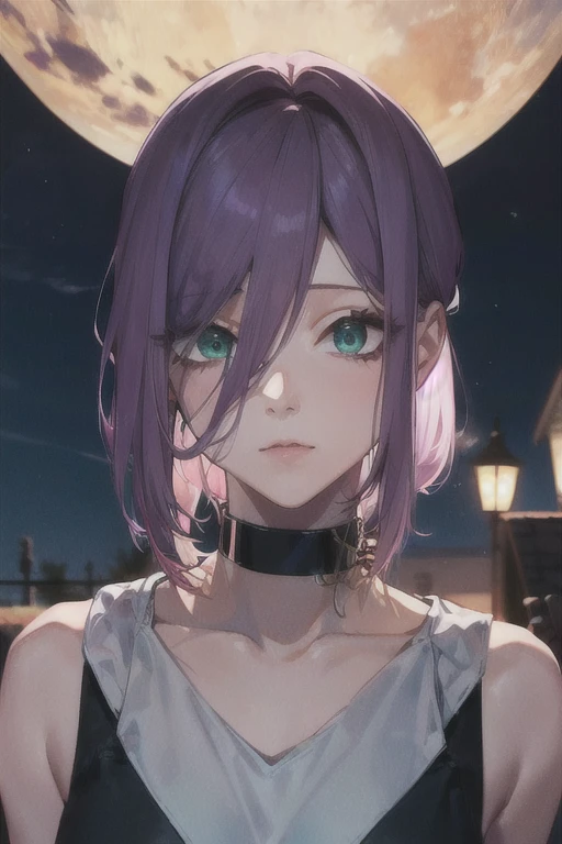 (Highest quality)、(Highest quality)、cut、Chainsaw Man、cute、(choker).eyes are emerald、Her hair is purple、Short Bob、Beautiful night view、whole body、detailed、強力なdetailed、cut、